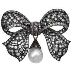 Victorian Diamond Silver Topped Gold Bow Brooch