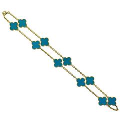 Van Cleef & Arpels Vintage Alhambra Yellow Gold Turquoise 10 Motif Necklace
