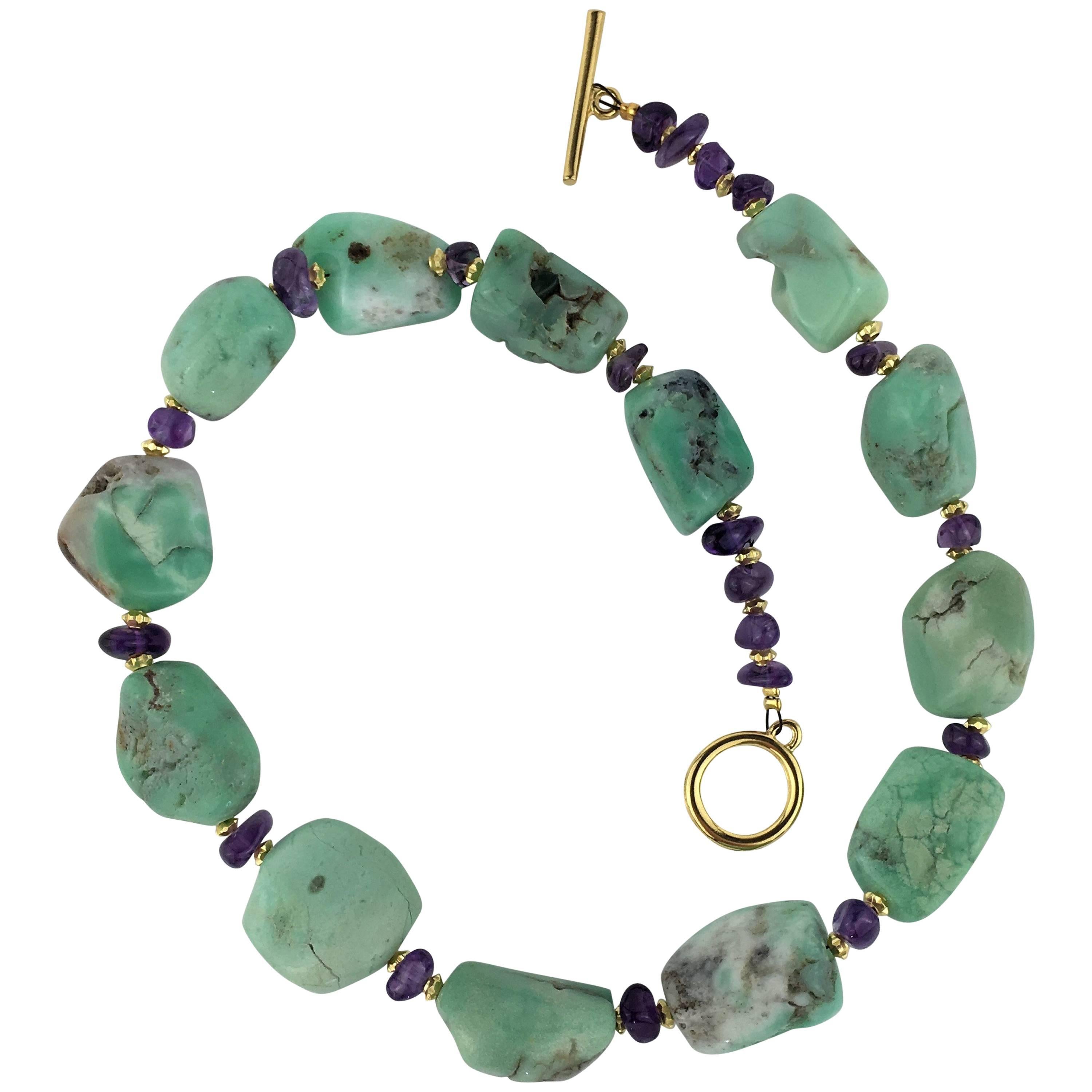 Artisan Polished Chrysoprase Nugget and Amethyst Necklace