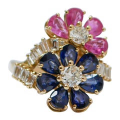 Vintage Rubies, Sapphires, Diamonds, 18 Karat Yellow Gold Ring.