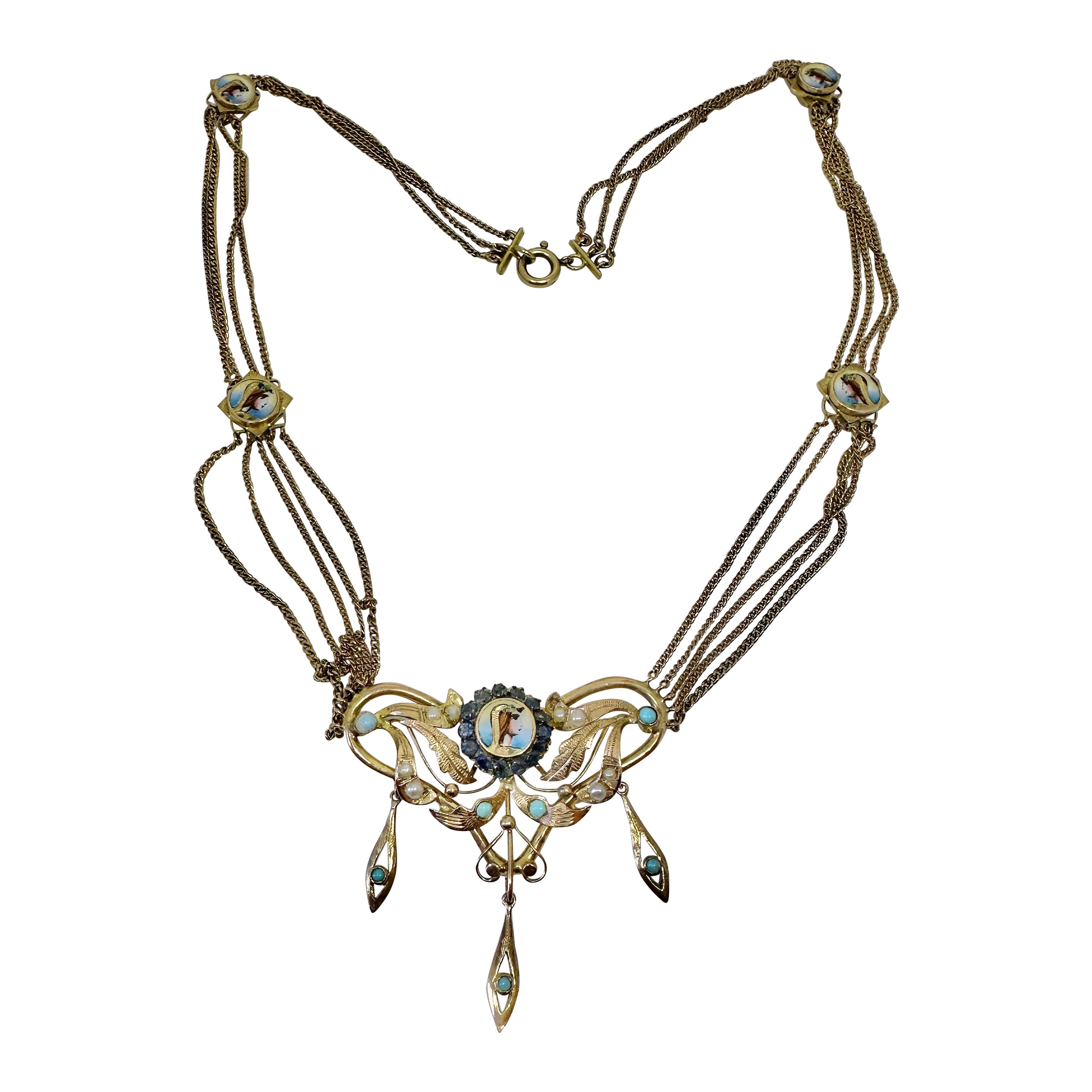Antique Egyptian Revival Necklace Sapphire Turquoise Enamel Gold Pharoah Goddess