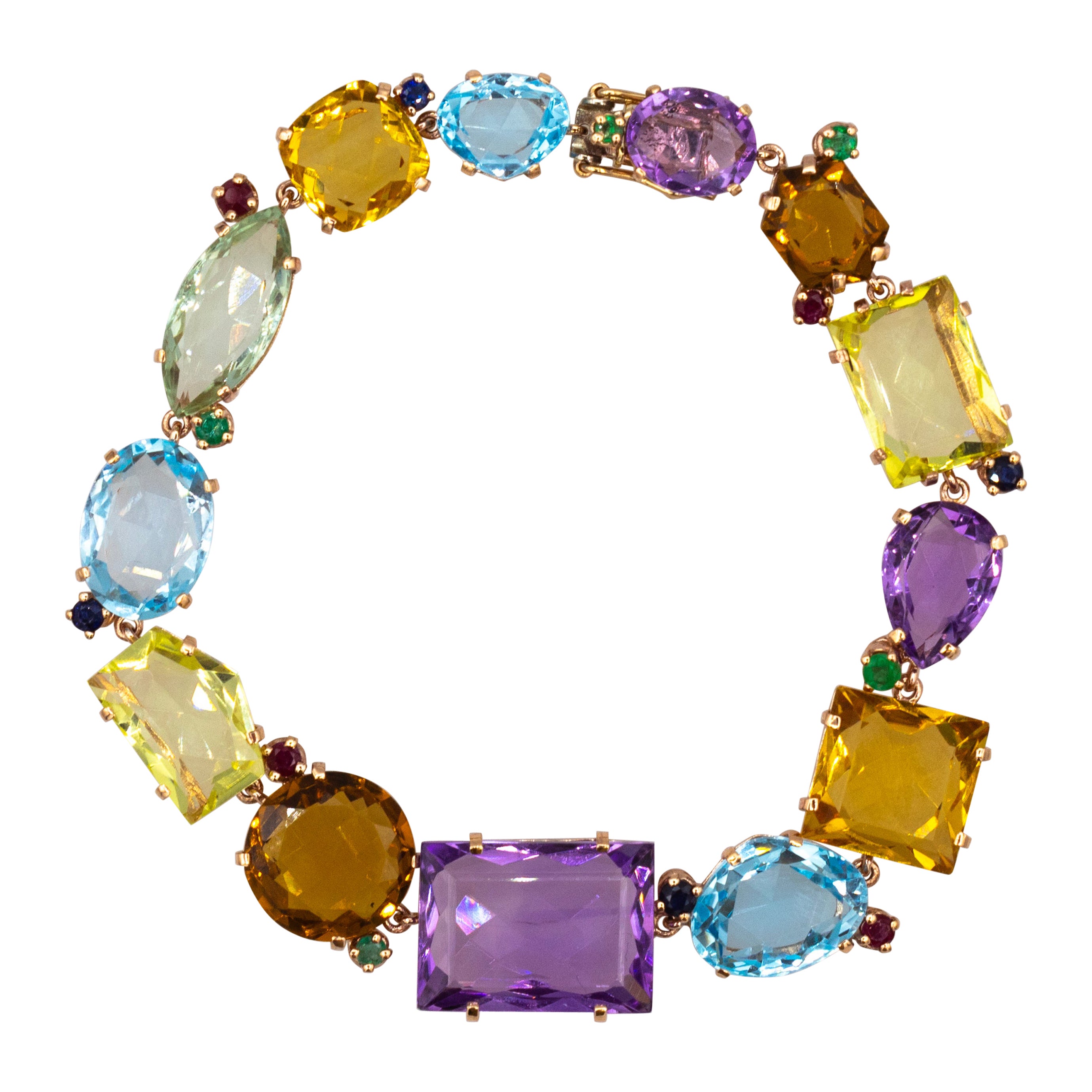 Art Deco Style Emerald Ruby Sapphire Topaz Citrine Amethyst Yellow Gold Bracelet For Sale