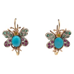 Vintage Art Nouveau Style Emerald Ruby Sapphire Turquoise Yellow Gold Butterfly Earrings