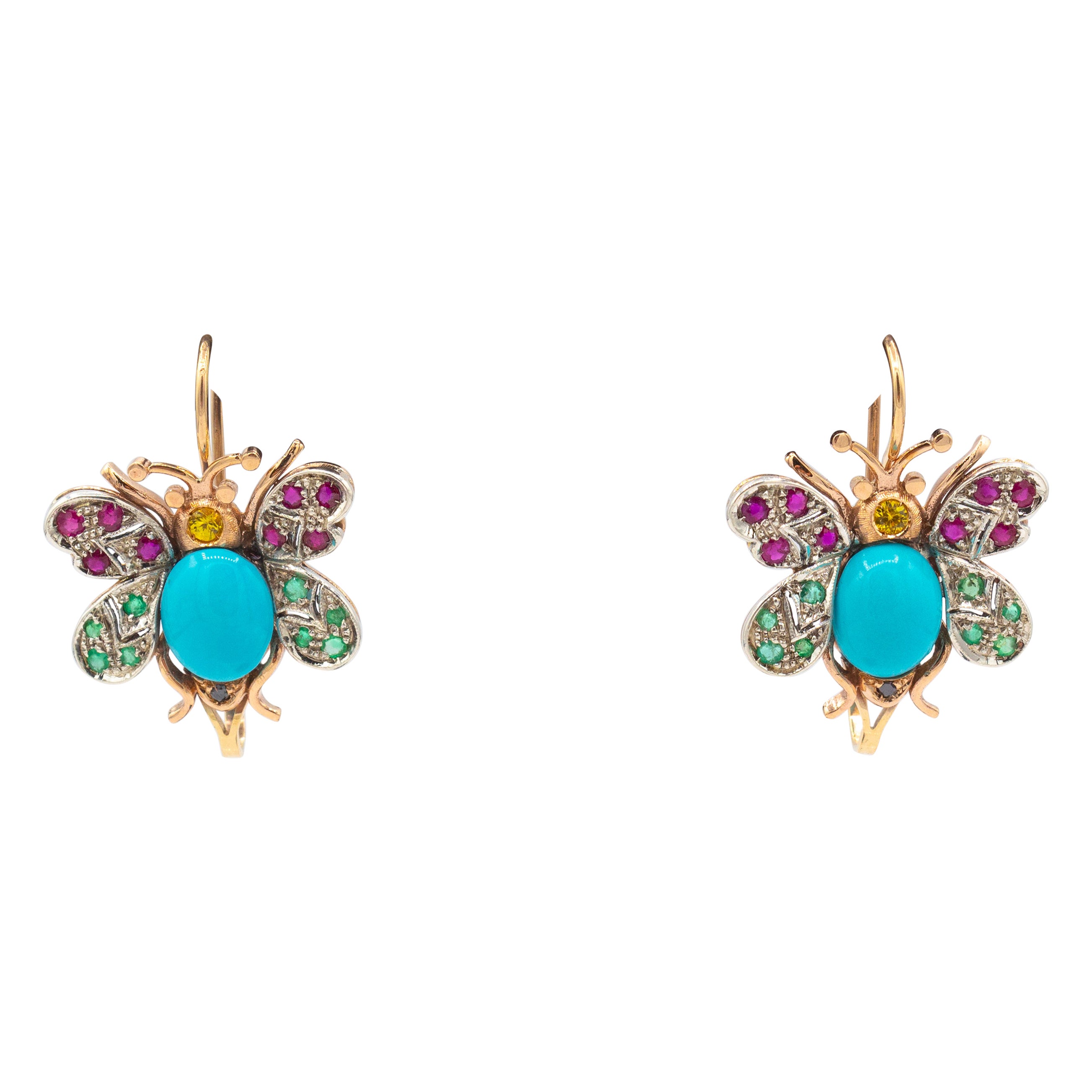 Art Nouveau Style Emerald Ruby Sapphire Turquoise Yellow Gold Butterfly Earrings