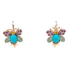 Retro Art Nouveau Style Emerald Ruby Sapphire Turquoise Yellow Gold Butterfly Earrings