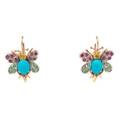 Vintage Art Nouveau Style Emerald Ruby Sapphire Turquoise Yellow Gold Butterfly Earrings