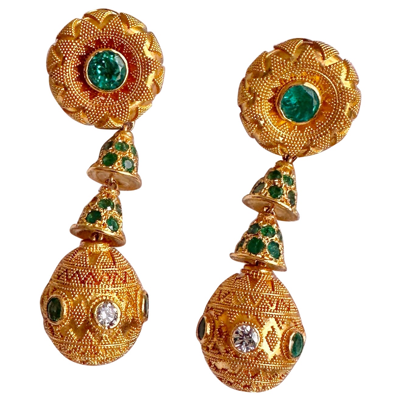 Emerald Diamond Earrings 22 Karat Gold 2 Inch Etruscan Dangle Drop Earrings For Sale