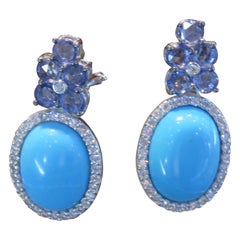 NWT $9, 800 18KT 6.5CT Boucles d'oreilles Turquoise Bleu Saphir Diamant