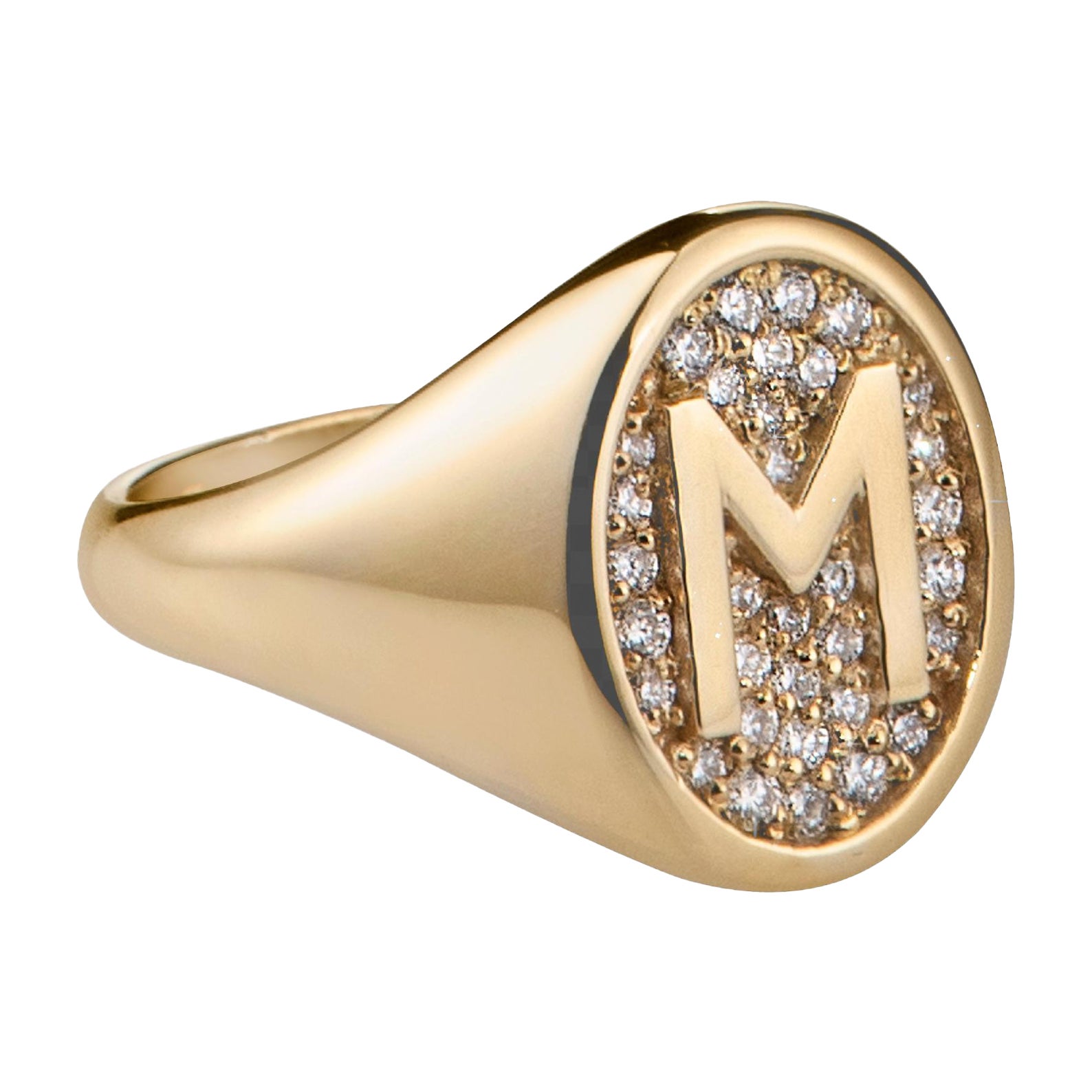 Diamond Signet Ring, Letter M, 18k Gold For Sale
