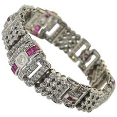 Platinum Old European Diamond and Ruby Bracelet, 15 TCW