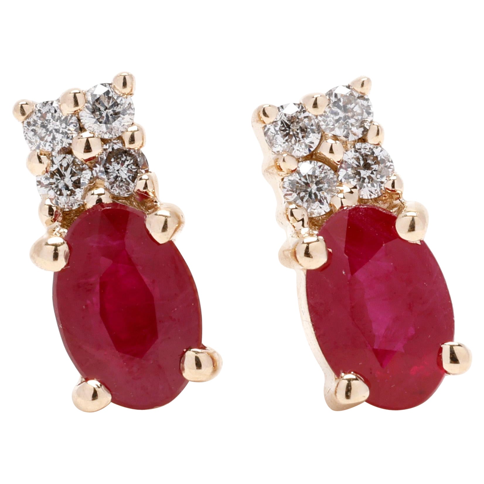 1.32ctw Diamond and Ruby Stud Earrings, 14k Yellow Gold, Small Red Ruby Earrings For Sale