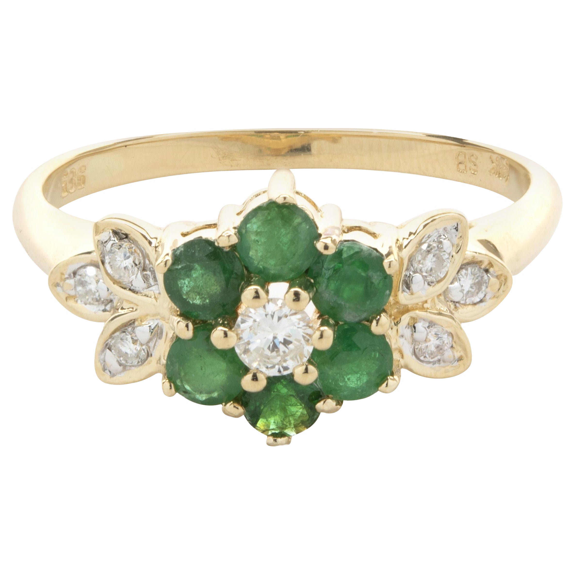 14 Karat Yellow Gold Emerald and Diamond Flower Ring For Sale