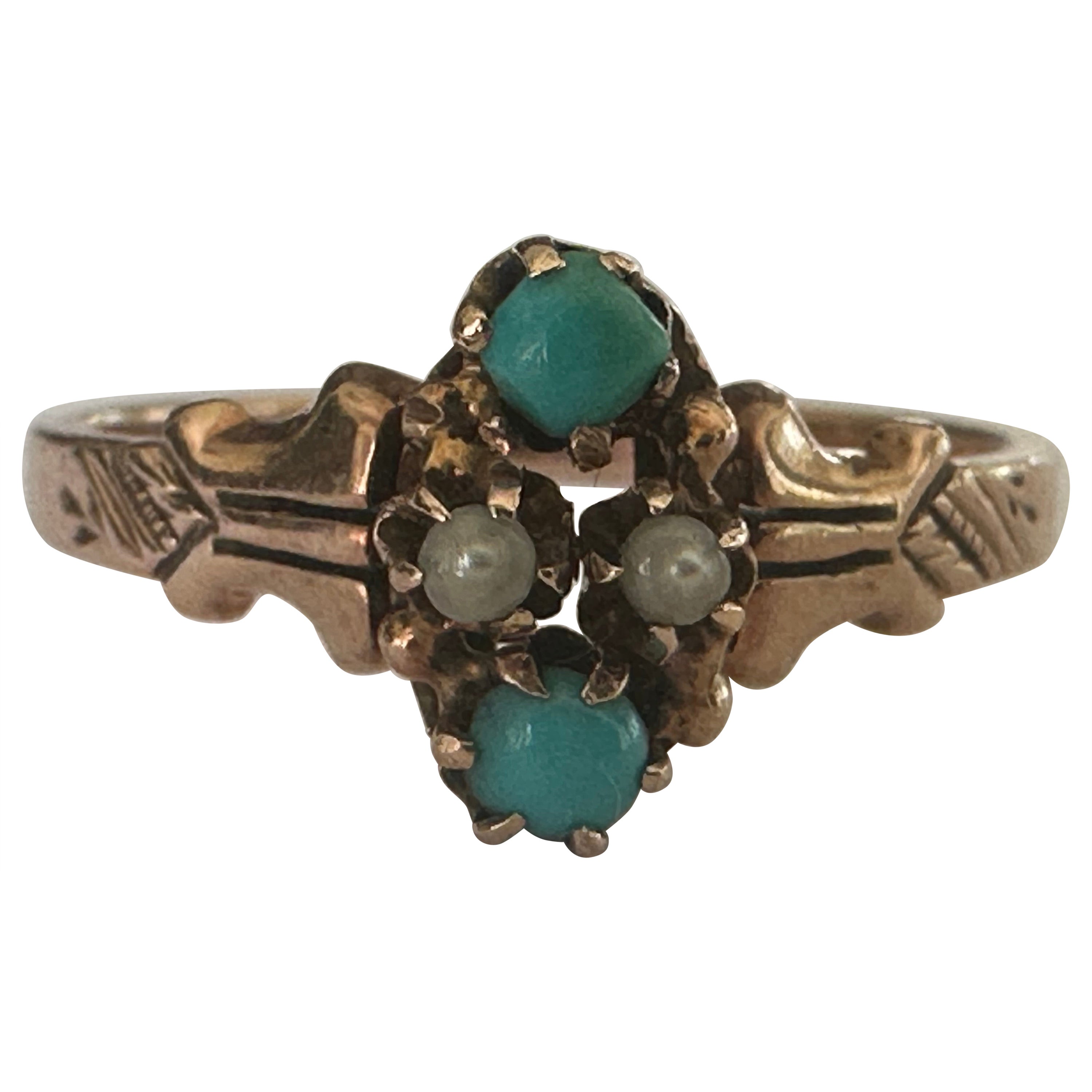 Bague victorienne en turquoise et perles naturelles  en vente