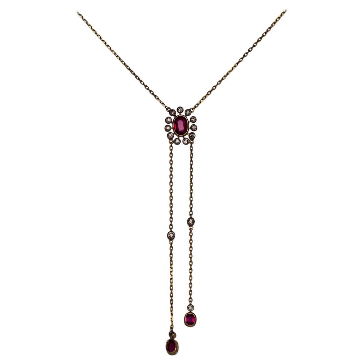1890s Victorian Diamond Gold and Synthetic Ruby Necklace For Sale