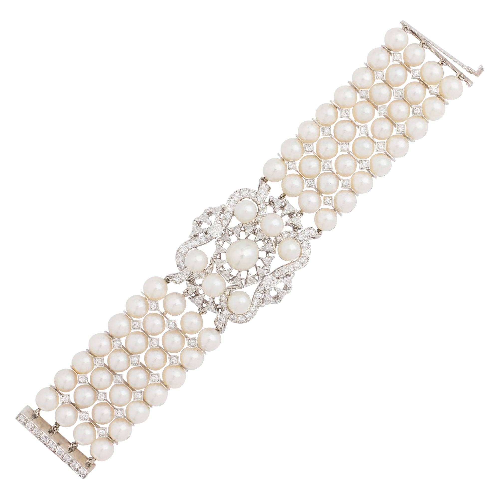 Impressive Diamond & Pearl Bracelet Set in Platinum Retailed by David R. Balogh For Sale