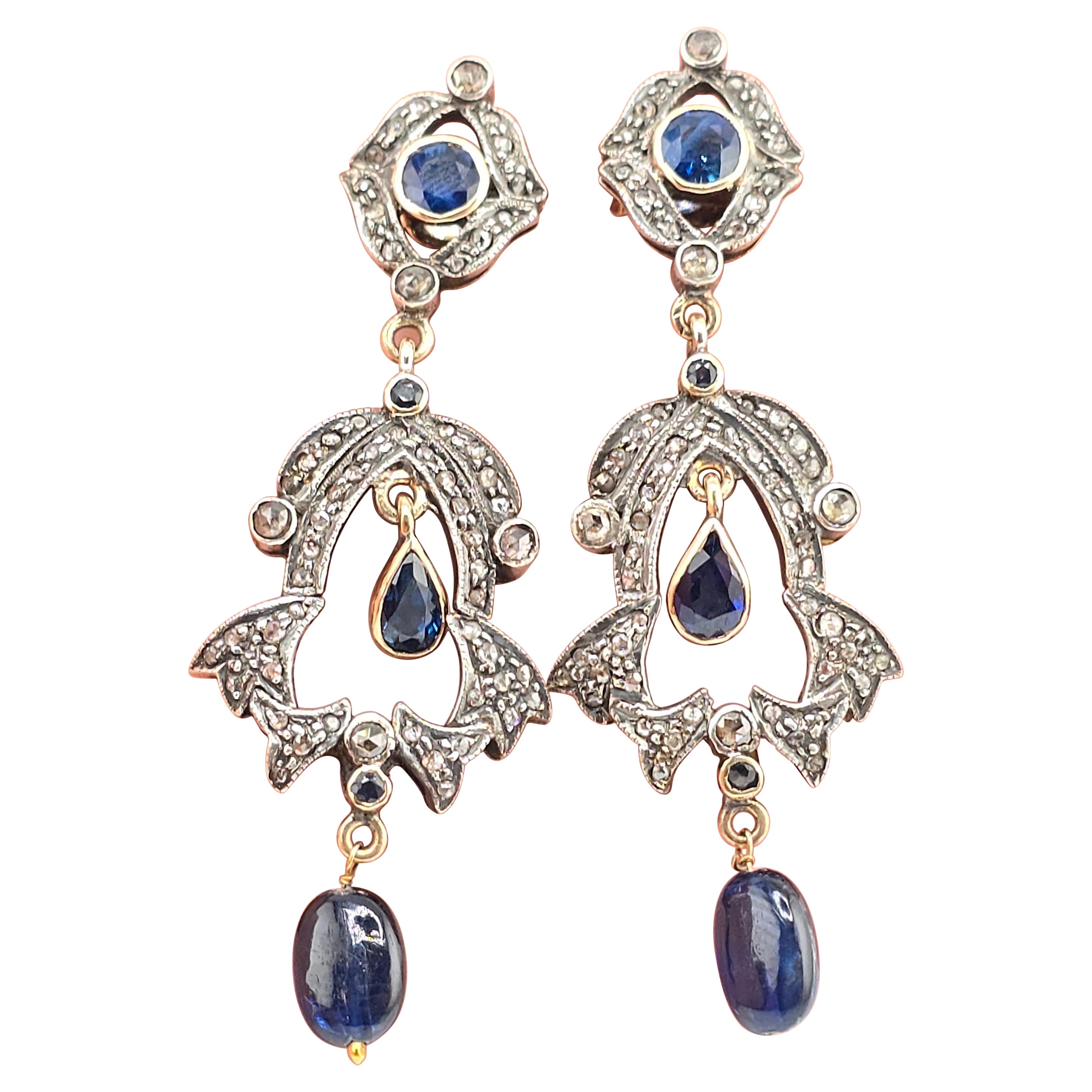 Rare Pair Of Victorian Diamond & Sapphire Earrings 14K & Sterling For Sale