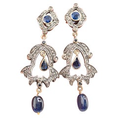 Antique Rare Pair Of Victorian Diamond & Sapphire Earrings 14K & Sterling