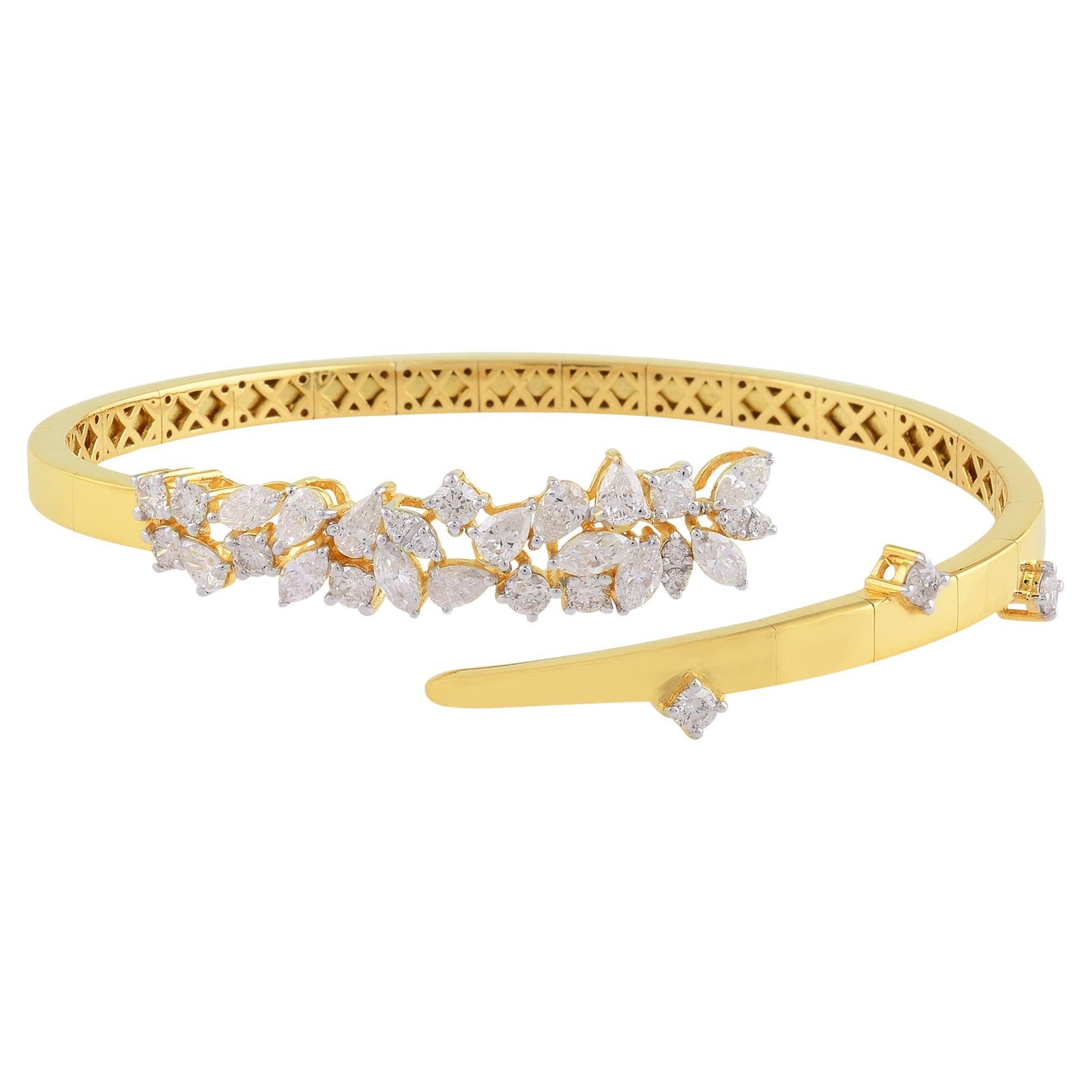 Natural SI Clarity HI Color Diamond Cuff Bangle Bracelet 14 Karat Yellow Gold For Sale