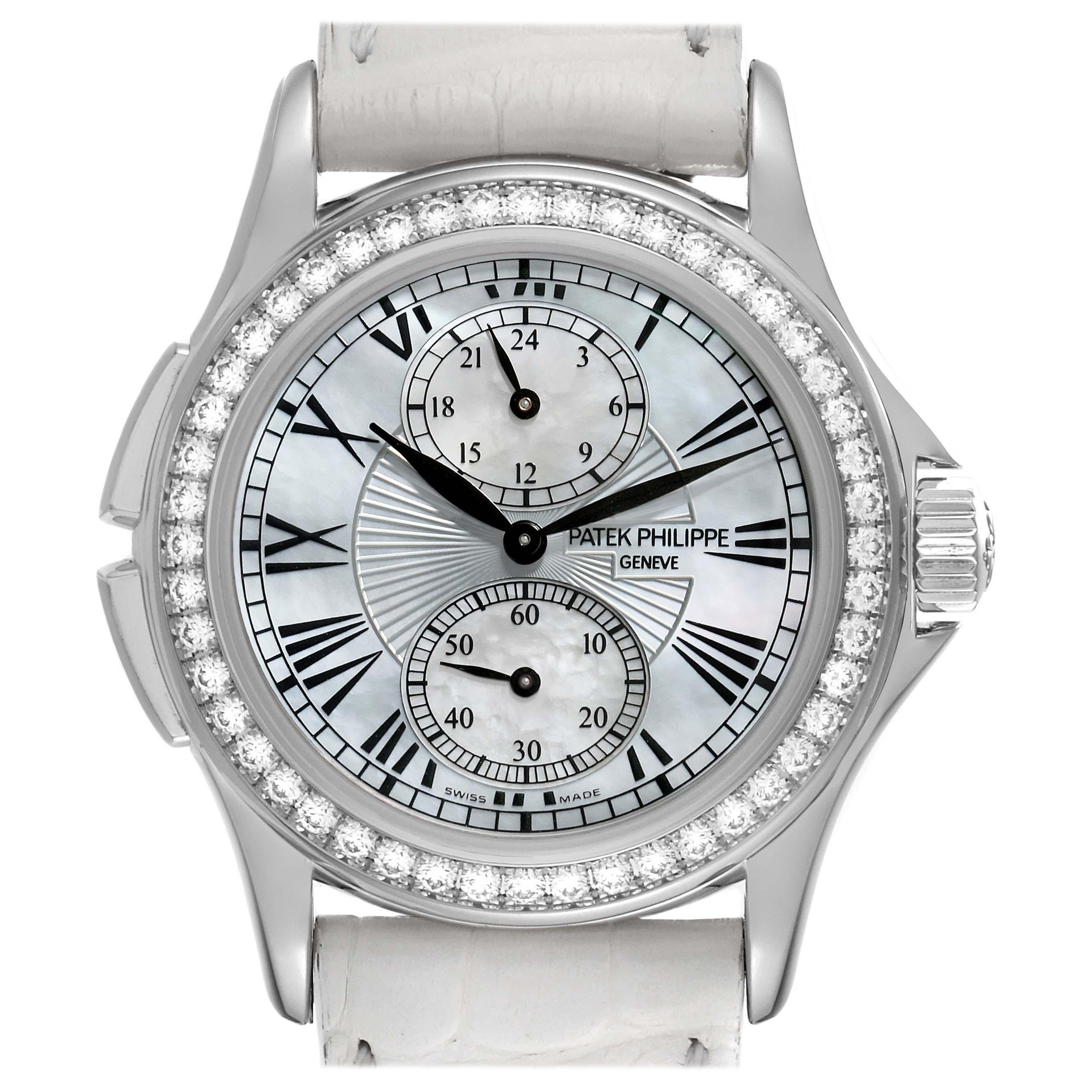 Patek Philippe Calatrava Travel Time White Gold Mother of Pearl Diamond Watch For Sale