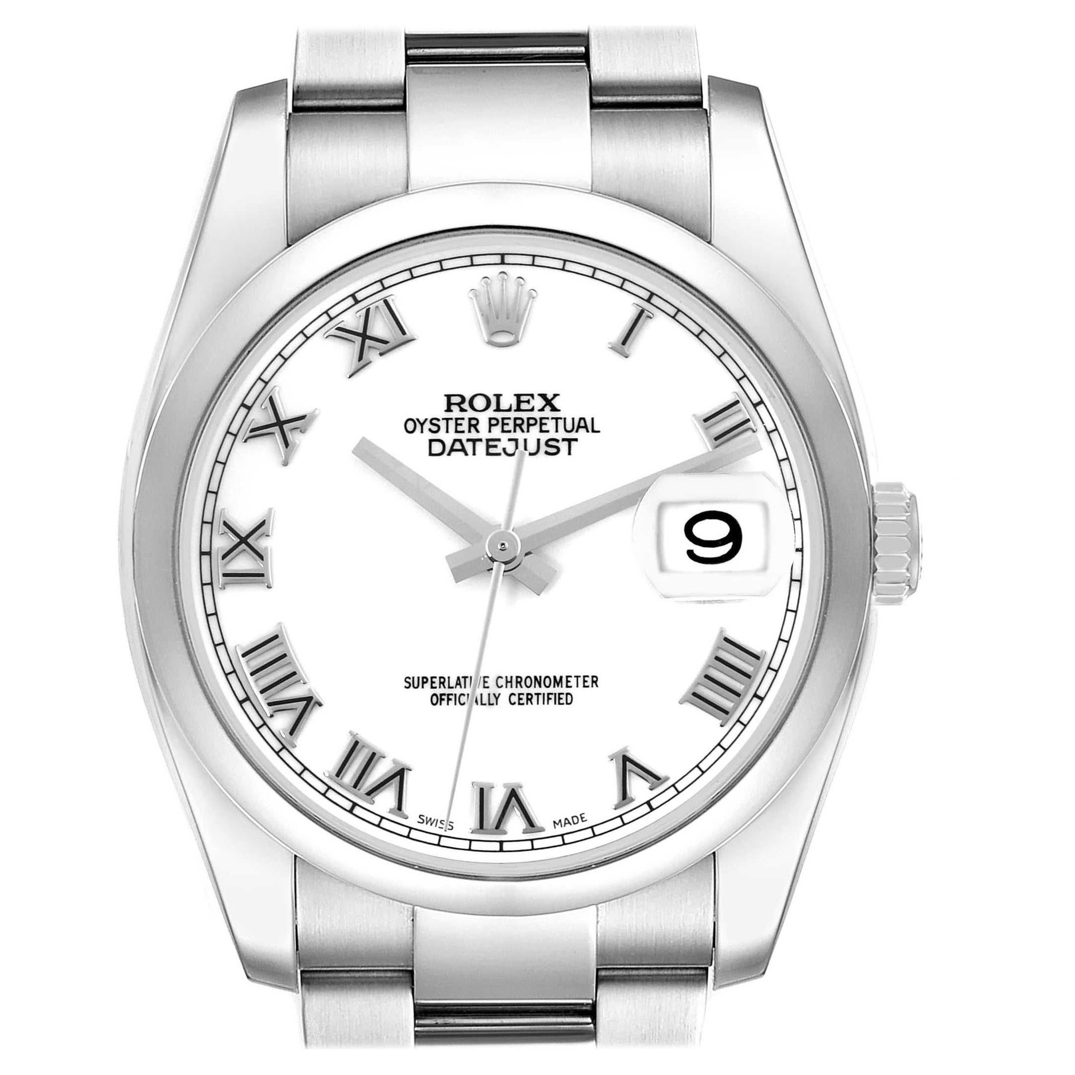 Rolex Datejust White Roman Dial Steel Mens Watch 116200 Box Card