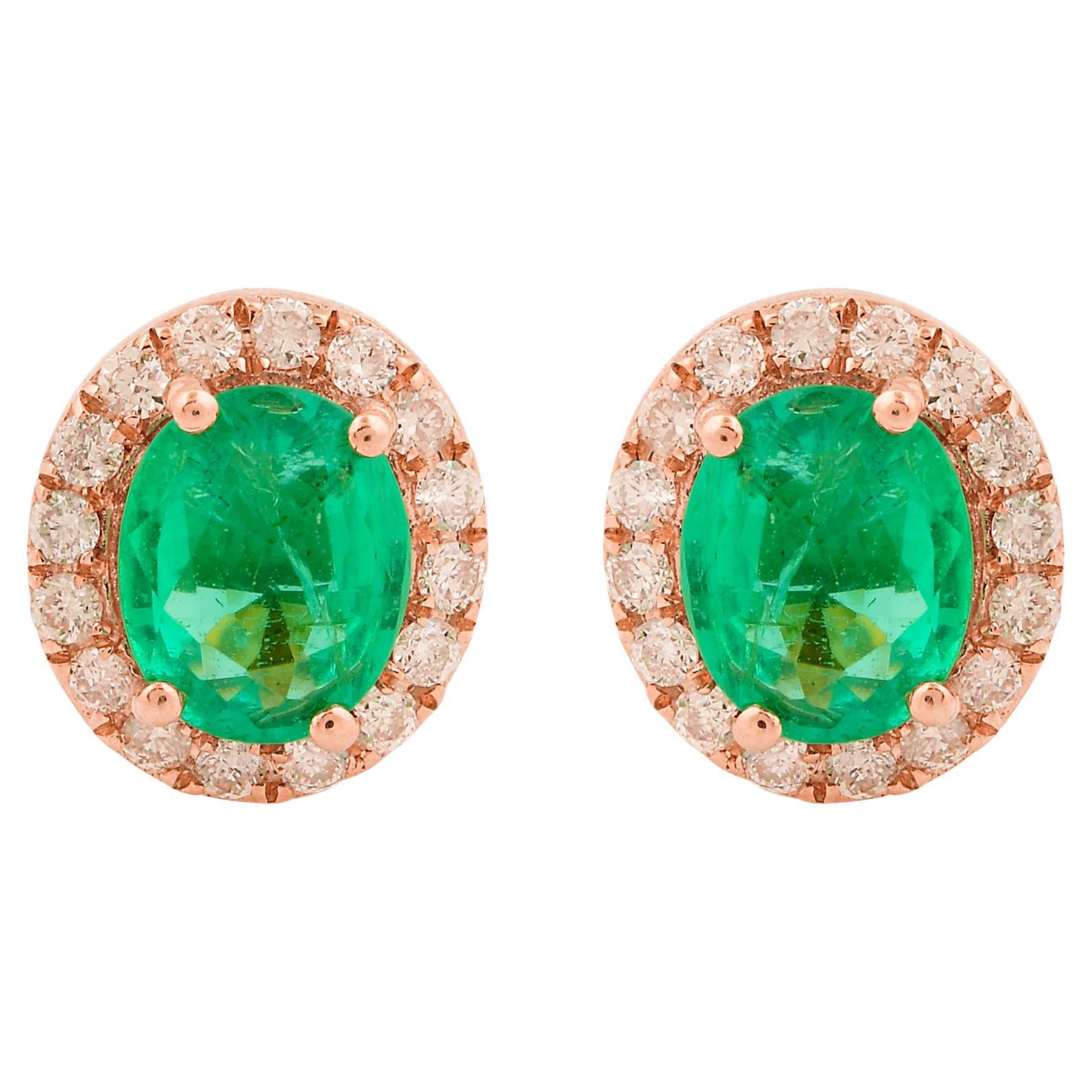 Natural Zambian Emerald Gemstone Fine Stud Earrings Diamond 10 Karat Rose Gold For Sale