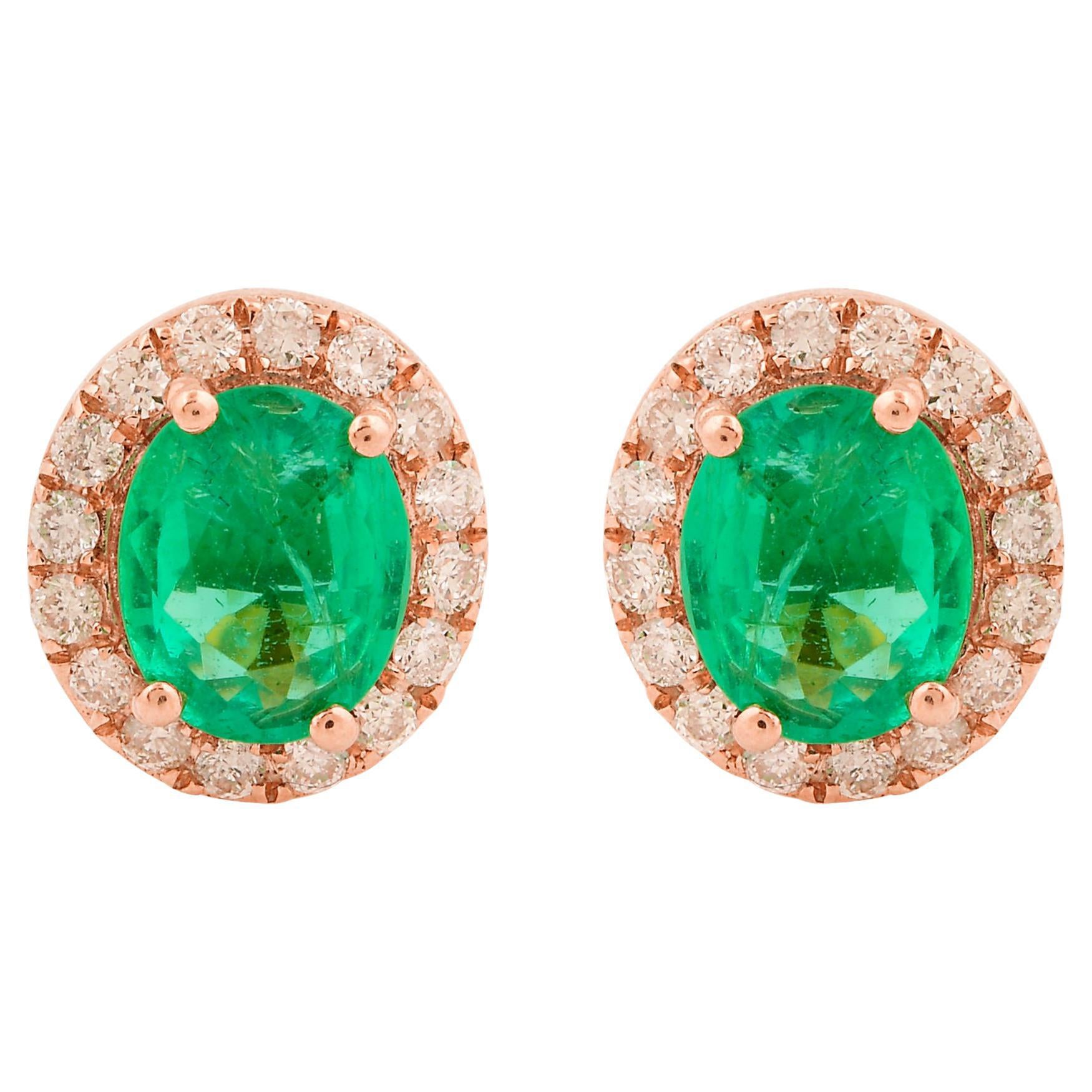 Nature Emerald Gemstone Stud Ears Diamond 10 Karat Rose Gold Fine Jewelry