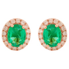 Natural Emerald Gemstone Stud Earrings Diamond 10 Karat Rose Gold Fine Jewelry