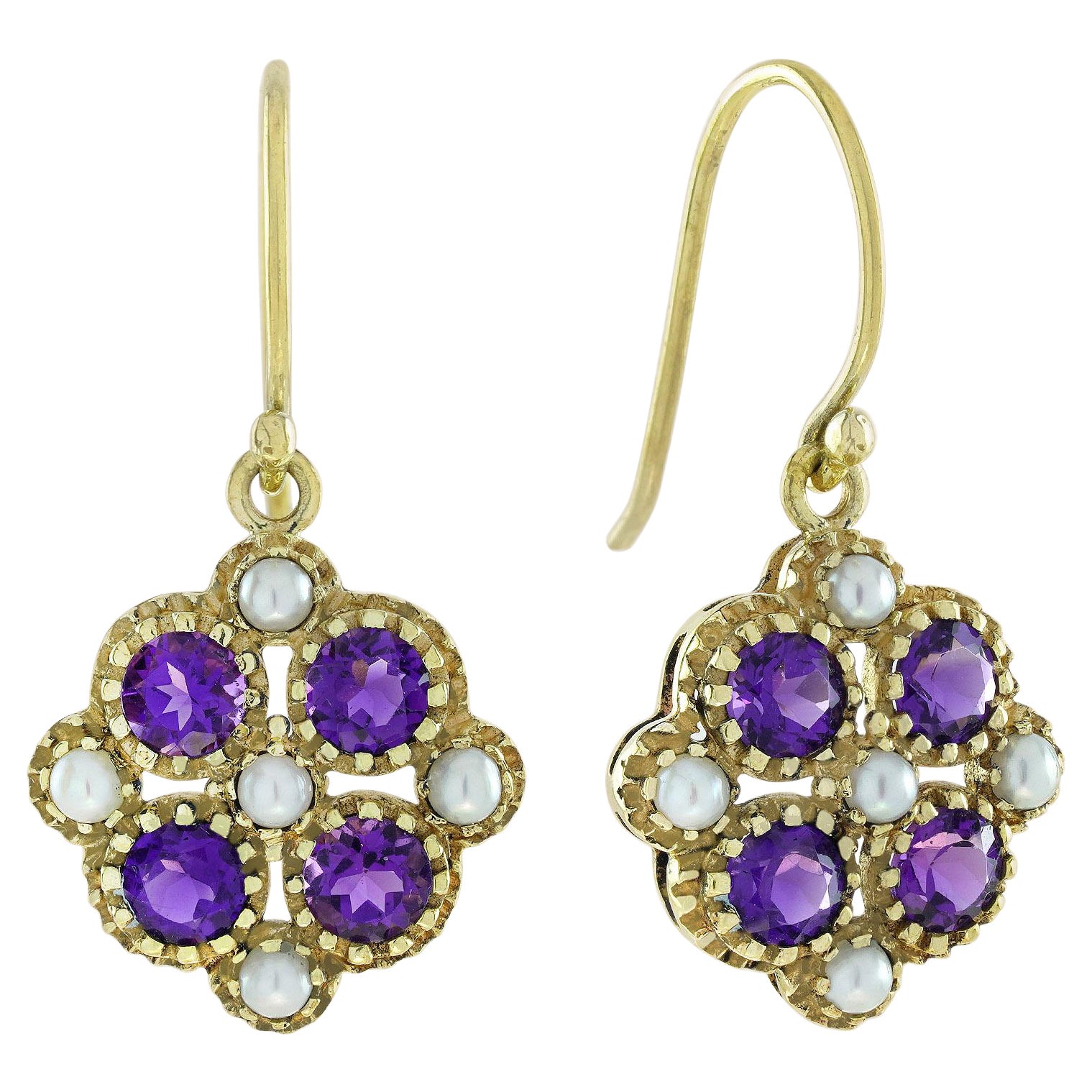 Natural Amethyst and Pearl Vintage Style Floral Earrings in Solid 9K Yellow Gold For Sale