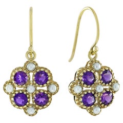 Natural Amethyst and Pearl Vintage Style Floral Earrings in Solid 9K Yellow Gold