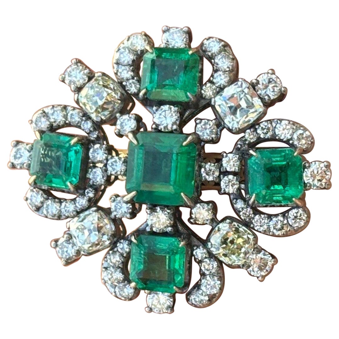 4.18 Carat Emerald and 3.02 Carat Old European Cut Diamond Cocktail Ring For Sale