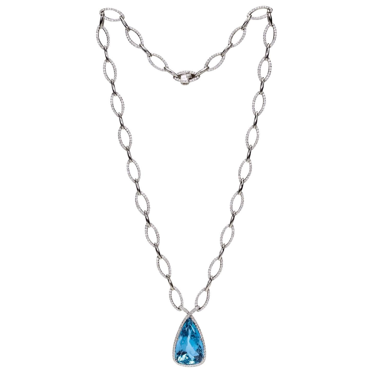 A "Samuel Getz" Very Fine Santa Maria Aquamarine Diamond Gold Drop Necklace For Sale