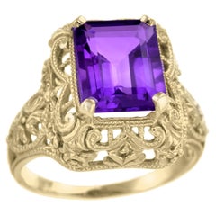 Natural Amethyst Vintage Style Filigree Ring in Solid 9K Yellow Gold