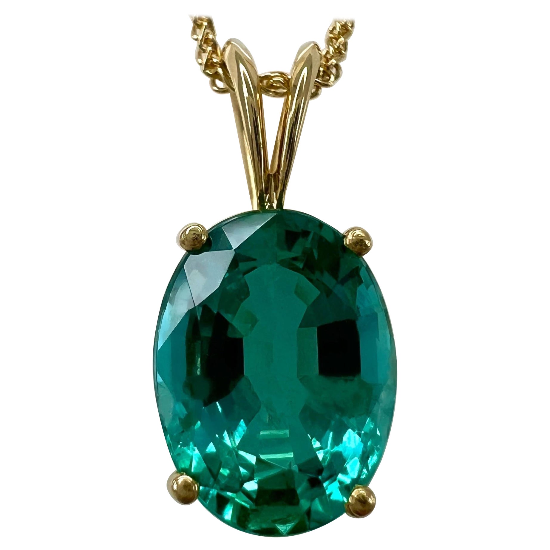 Collier pendentif en or 18k certifié GIA 2.95ct Vivid Blue Green Oval Cut Emerald en vente