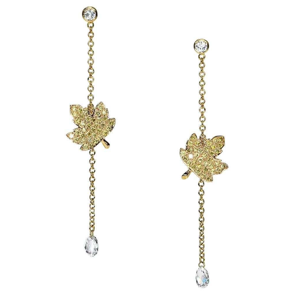 "Samuel Getz" White and Fancy Yellow Diamond Drop Earrings with Leaf Design For Sale
