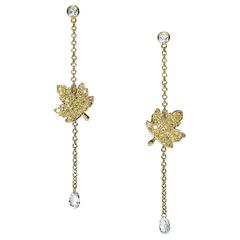 "Samuel Getz" White and Fancy Yellow Diamond Drop Earrings with Leaf Design