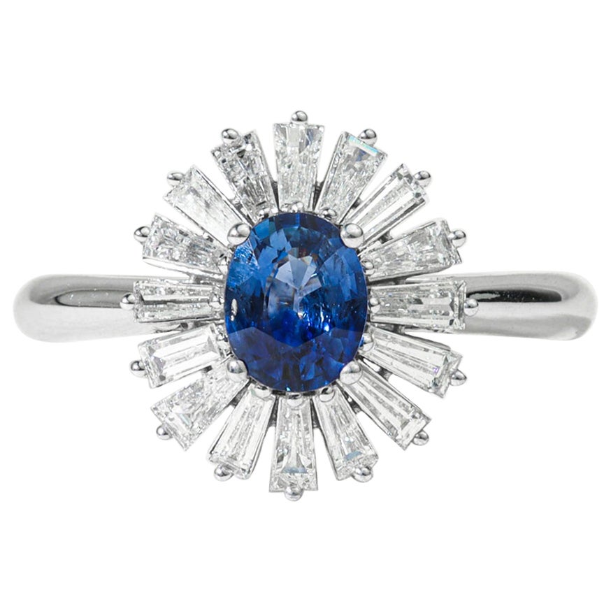 Oval Blue Sapphire Diamond Baguette Halo Cocktail Engagement Ring in White Gold