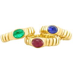 Vintage Bulgari Tubogas Sapphire, Ruby, Emerald, and Gold Rings