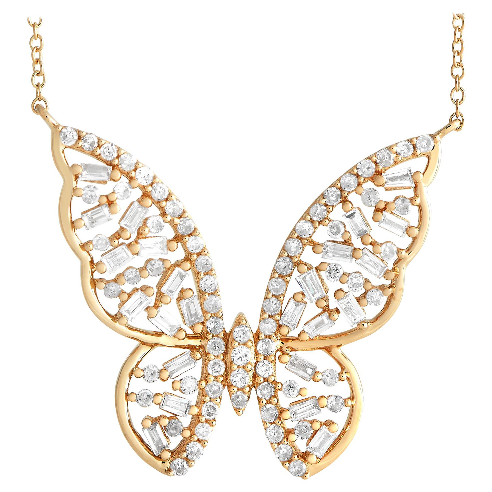 14K Yellow Gold 0.60ct Diamond Butterfly Necklace For Sale