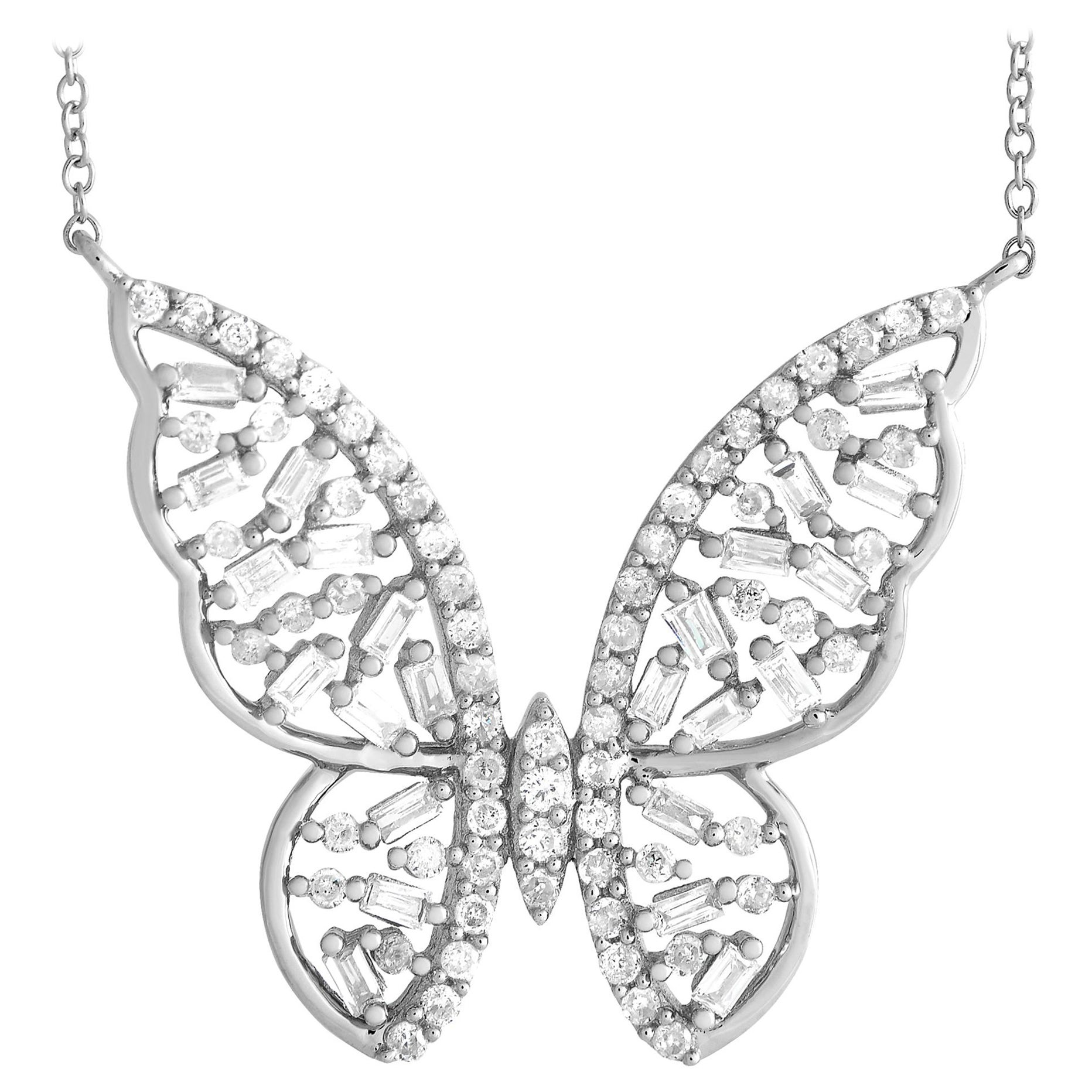 14K White Gold 0.60ct Diamond Butterfly Necklace For Sale
