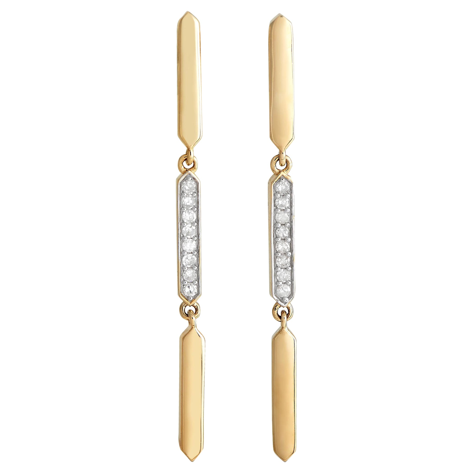 14K Yellow Gold 0.10ct Diamond Line Drop Earrings For Sale
