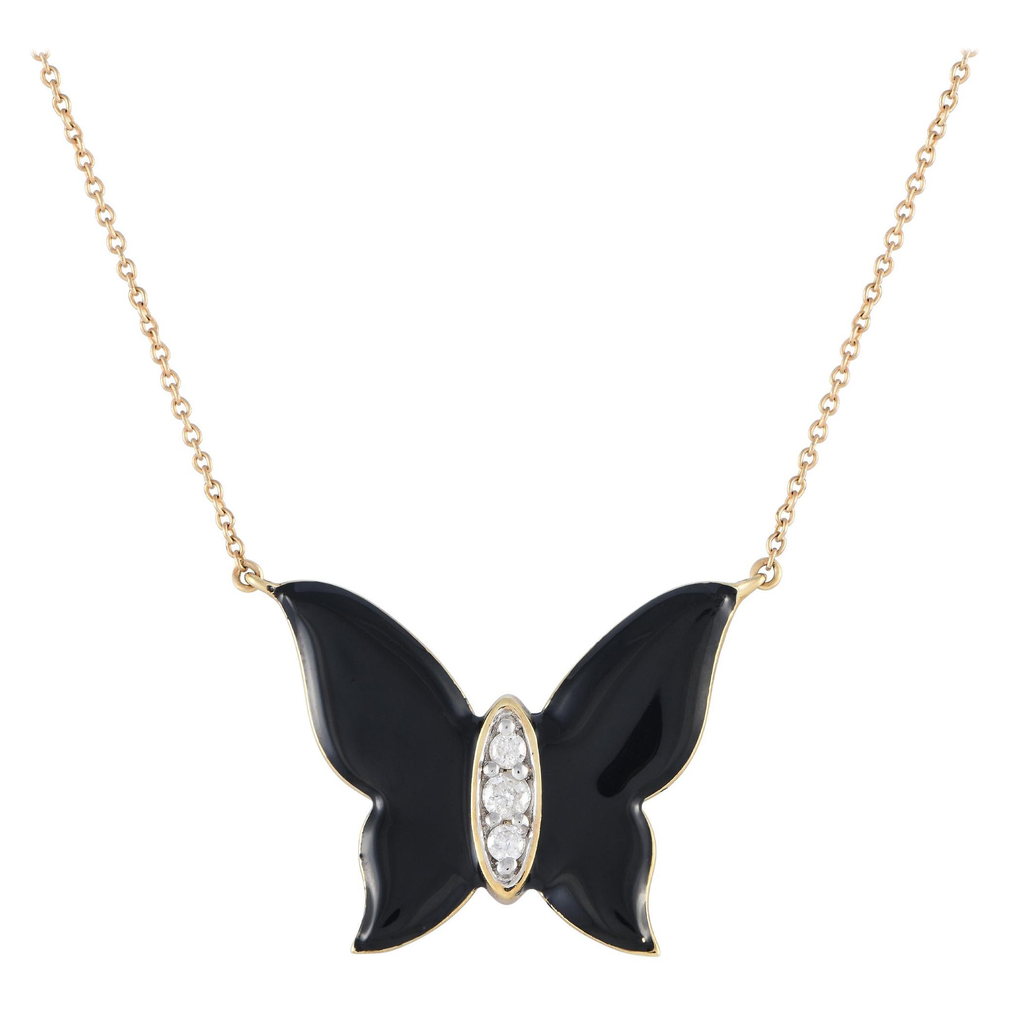 14K Yellow Gold 0.10ct Diamond and Onyx Butterfly Necklace For Sale