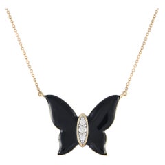14K Yellow Gold 0.10ct Diamond and Onyx Butterfly Necklace