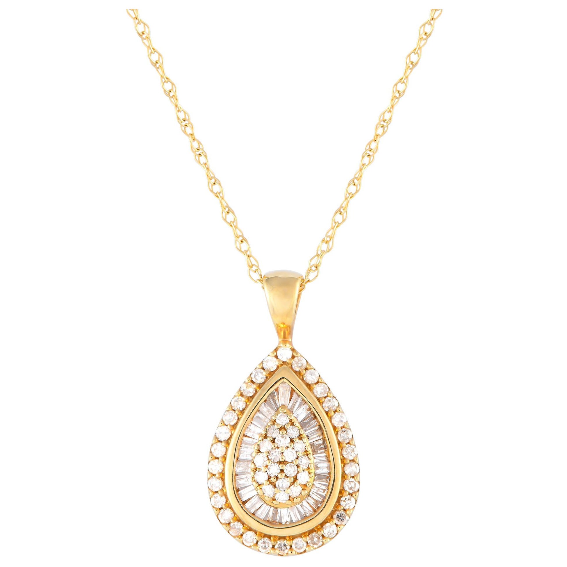 14K Yellow Gold 0.50ct Diamond Pear Pendant Necklace For Sale
