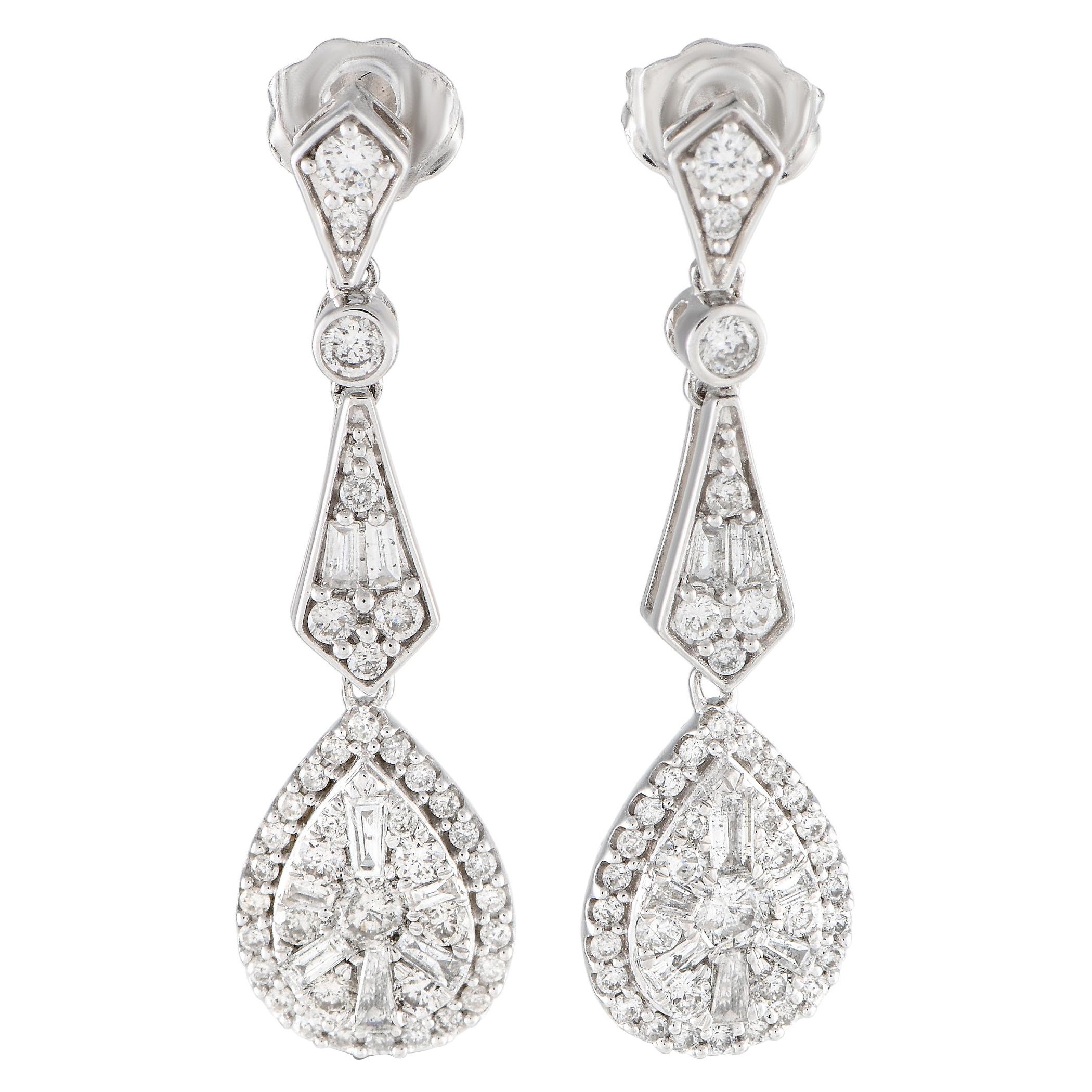 14K White Gold 1.0ct Diamond Art Deco Drop Earrings For Sale