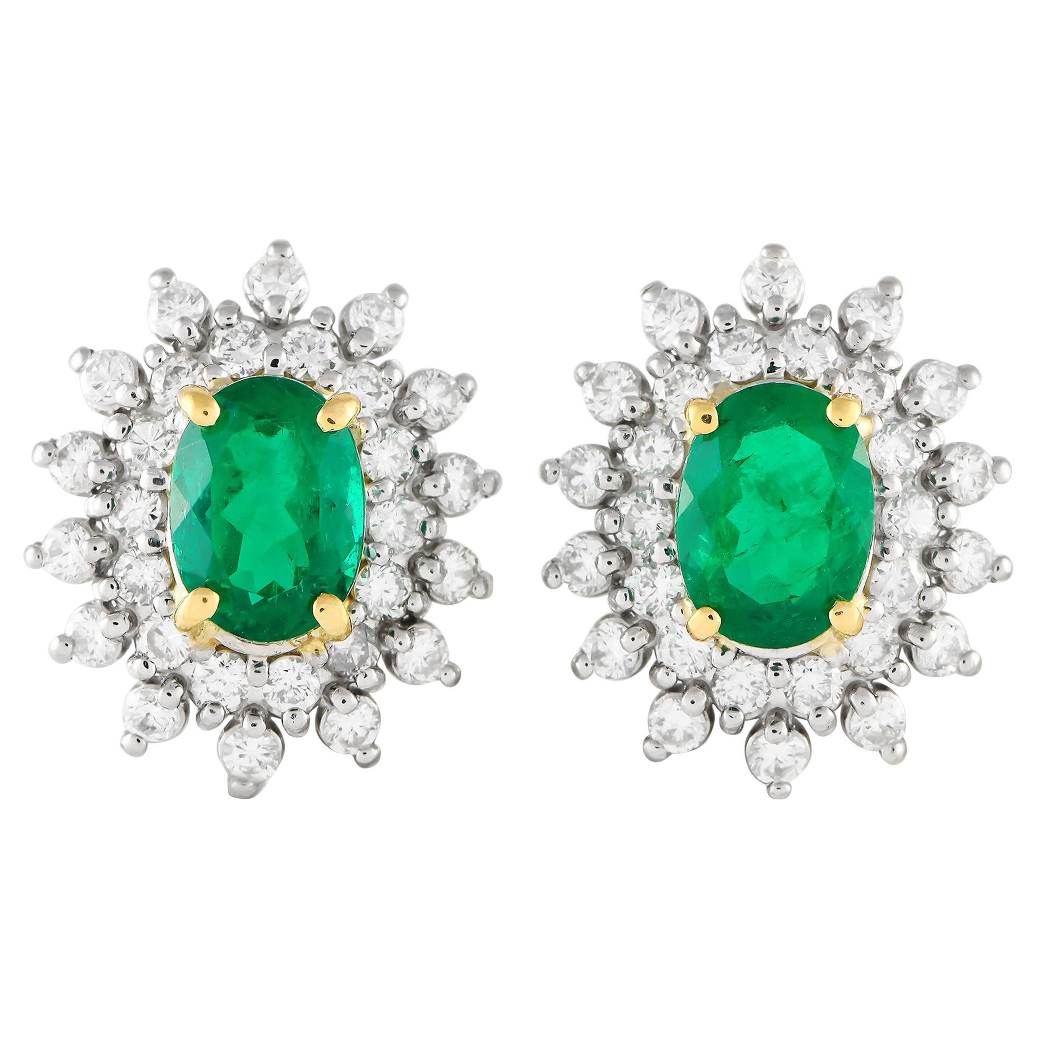 18K White and Yellow Gold 0.80ct Diamond and Emerald Halo Earrings  For Sale