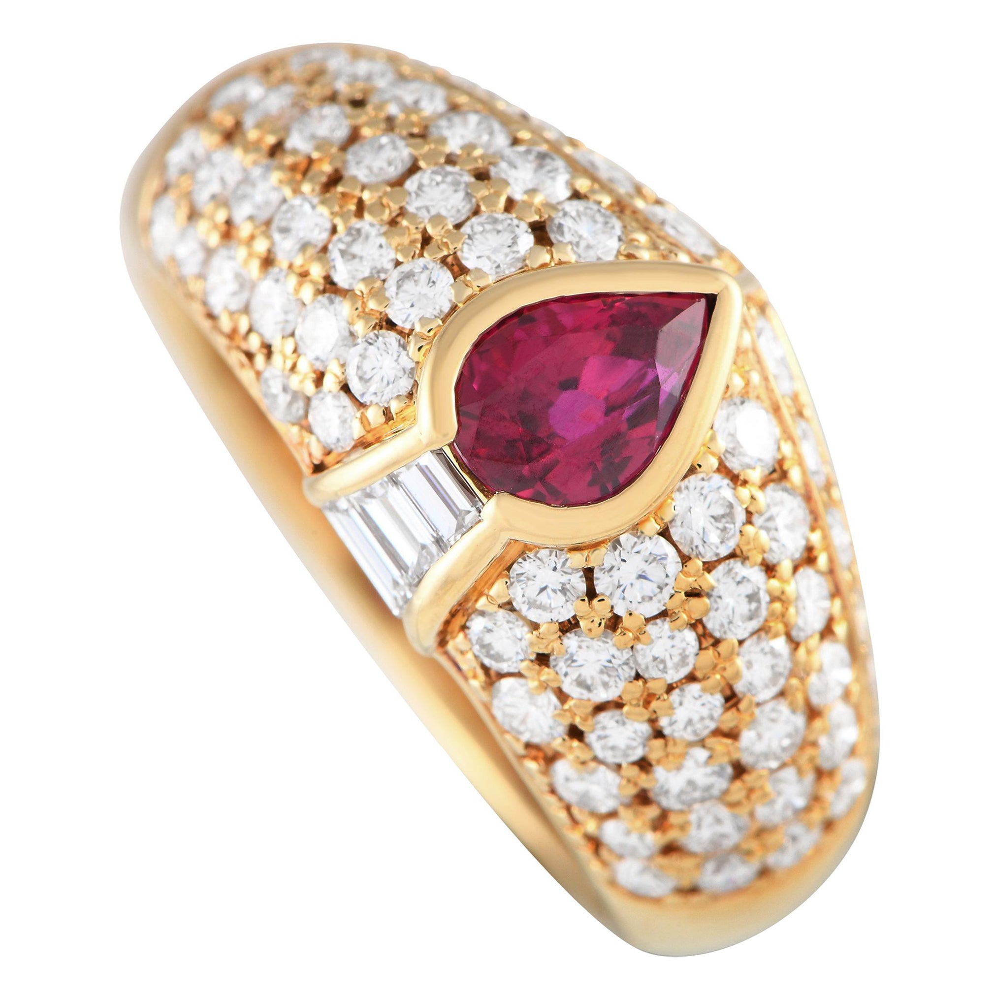 18K Yellow Gold 1.16ct Diamond and Ruby Dome Ring For Sale