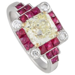 Platinum 1.50ct Fancy Light Yellow Diamond and Ruby Square Ring