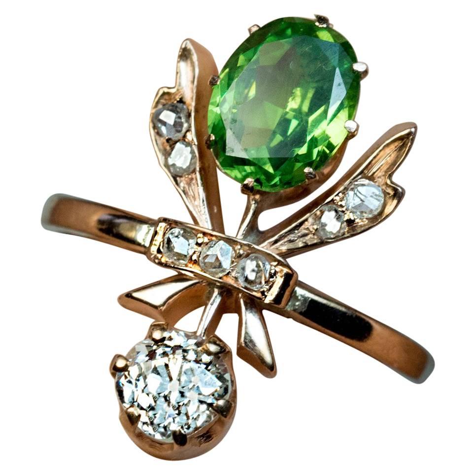 Antique Art Nouveau Russian Demantoid Diamond Gold Ring