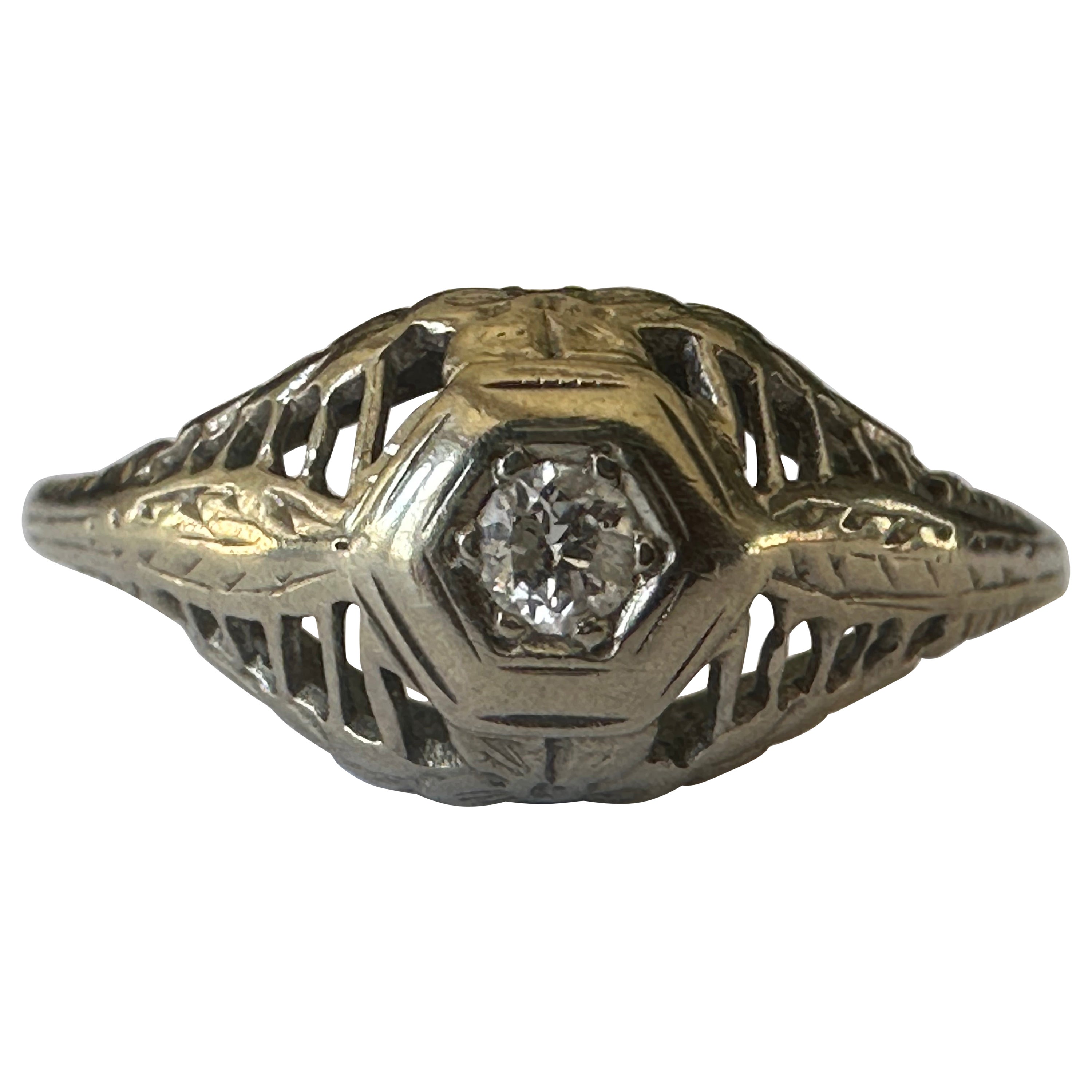 Petite Art Deco Diamond Solitaire and Filigree Engagement Ring 