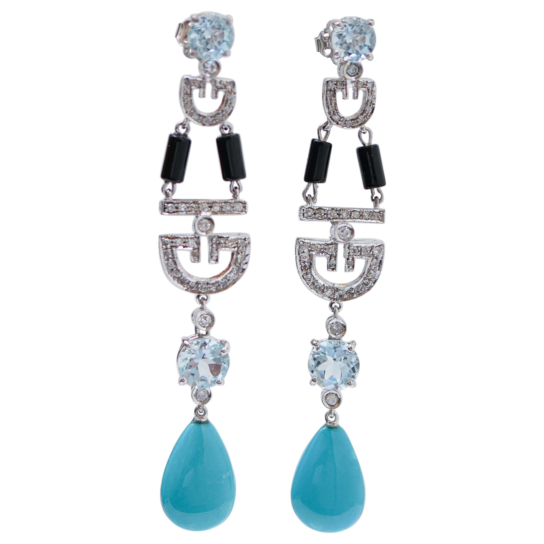 Turquoise, Onyx, Aquamarine Colour Topazs, Diamonds, Platinum Earrings. For Sale
